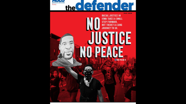 The Fall 2020 cover image of The Defender where a man covered by a bandana hold a protest sign featuring George Floyd.
