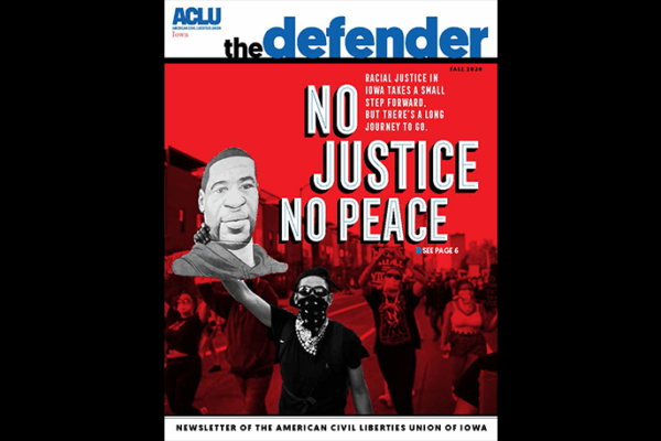 The Fall 2020 cover image of The Defender where a man covered by a bandana hold a protest sign featuring George Floyd.