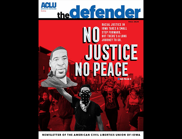 The Fall 2020 cover image of The Defender where a man covered by a bandana hold a protest sign featuring George Floyd.