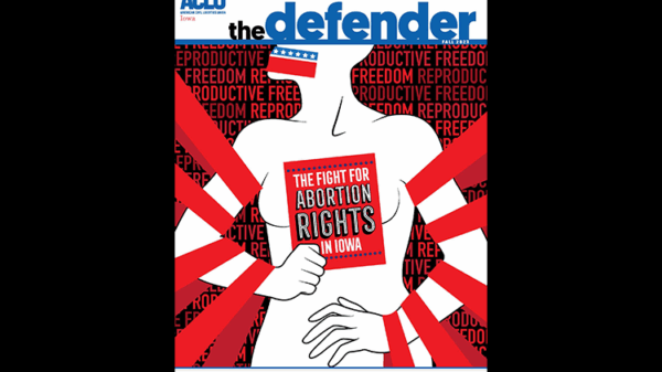 The Fall 2023 cover of the Defender shows a drawing of a person being restrained and silenced.