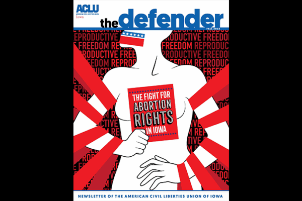 The Fall 2023 cover of the Defender shows a drawing of a person being restrained and silenced.