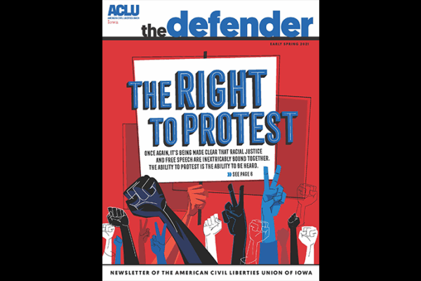 This Spring 2021 cover of The Defender shows a drawing of a variety of hands holding signs at a protest.