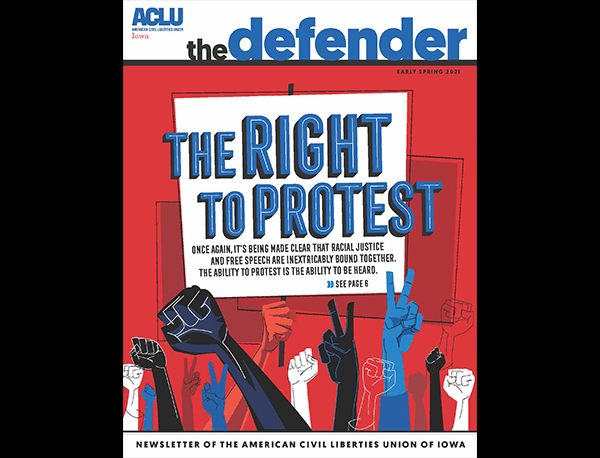 This Spring 2021 cover of The Defender shows a drawing of a variety of hands holding signs at a protest.