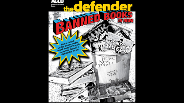The Spring 2024 Defender cover in a comic book style features a variety of banned books thrown in a garbage can.