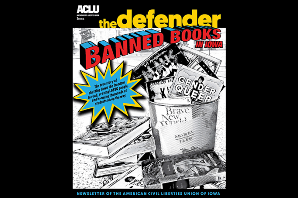 The Spring 2024 Defender cover in a comic book style features a variety of banned books thrown in a garbage can.