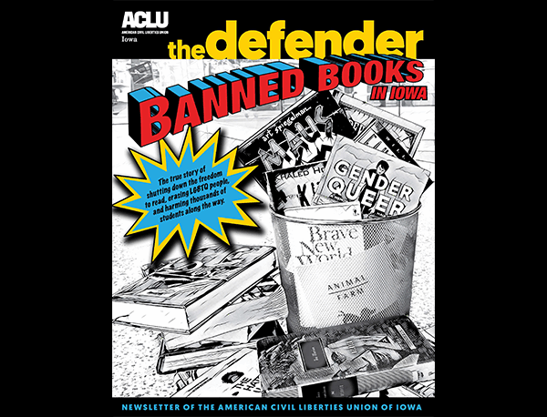 The Spring 2024 Defender cover in a comic book style features a variety of banned books thrown in a garbage can.