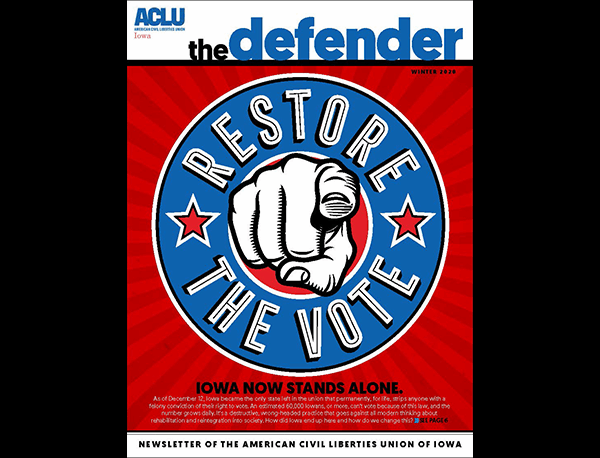 This Winter 2020 cover The Defender shows a drawing of a finger pointing at the viewer with the text "Restore the Vote."
