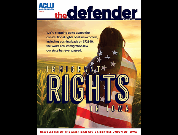 The Winter 2024 cover of the Defender shows a person wrapped in an American flag in a cornfield at sunset.